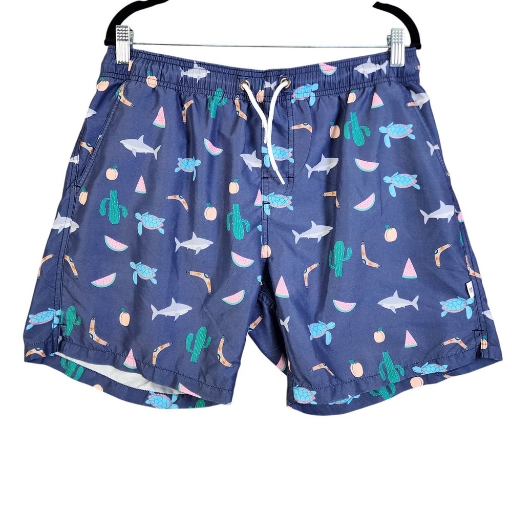 Bondi Beamers Mens Swim Trunks Shorts Size Large Navy Blue Shark Turtle Aussie